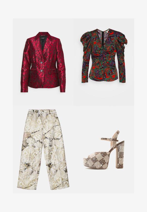 Rød mønstret blazer lavet af satin med en struktureret blomsterdesign, der har en krave med notch, to knapper og sidelommer. Sort foring.; Veronica Beard SIMMONS - Bluse - flame red multi; Bredde bukser lavet af et tekstureret stof med et guld- og sort damaskmønster på en hvid baggrund, med en høj talje.; Højhælet platårsandal med ankrem, beige ternet stof og pyntet med små iriserende perler og perler.