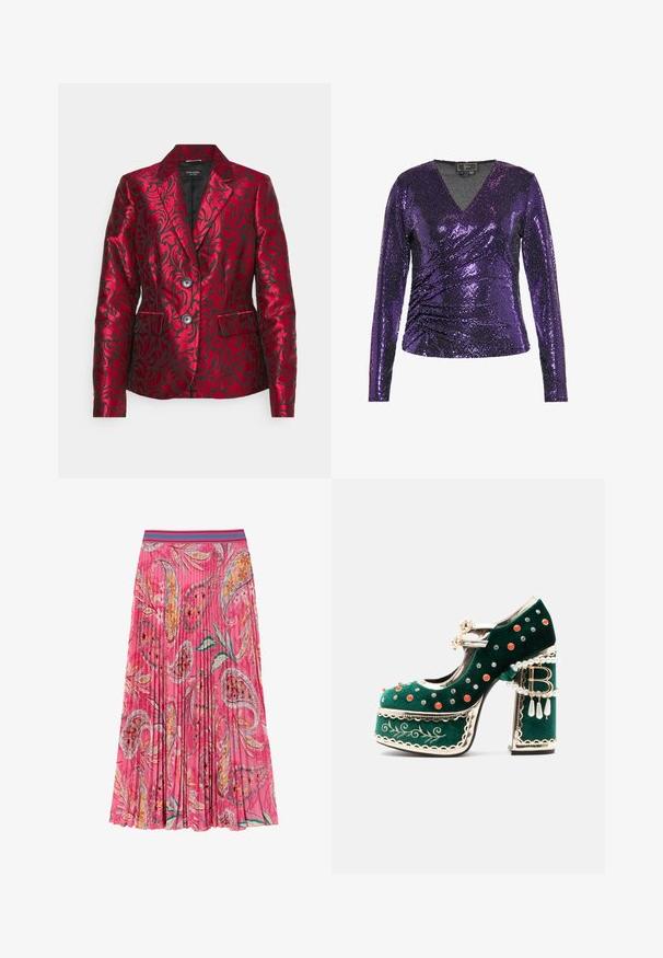 Rød mønstret blazer lavet af satin med en struktureret blomsterdesign, der har en krave med notch, to knapper og sidelommer. Sort foring.; Lilla langærmet top dækket af paljetter med v-udskæring og draperet design. Glat tekstur med en tætsiddende silhuet.; Lyserød plisseret nederdel med blomster- og paisleymønstre, med en kontrasterende turkise stribet talje. Lavet af letvægtsstof.; Grøn fløjlsplatformsko med dekorative røde og sølvnitter, perleseler, guldkant, broderi og en blokhæl med dinglende perler og en "B"-vedhæng.