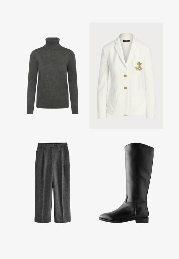 Witte blazer van textuurstof met een getailleerde pasvorm, voorzien van gouden knopen en een decoratief gouden geborduurd logo op de zak.; Donkergrijze coltrui gemaakt van een gebreid materiaal, met lange mouwen, ribgebreide kraag en boorden, en een gladde textuur.; Hoge taille donkere grijze wijde broek met een textuurstof, knoopsluitingen aan de zijkanten, voorplooien en een knoopsluiting bij de taille.; Next STANDARD WIDE FIT - FOREVER COMFORT KNEE HIGH FLAT RIDER - Laarzen - new black leather