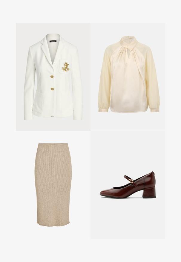 Blazer blanc ajusté avec boutons dorés et logo doré brodé sur la poche poitrine, avec col à revers cranté et deux poches avant.; Blouse à manches longues couleur crème avec col montant, encolure plissée, découpe en forme de goutte et poignets boutonnés.; Jupe tricotée de couleur beige clair avec une texture à côtes verticales, longueur genoux avec une taille élastique et une coupe droite.; Chaussure Mary Jane en cuir marron avec petit talon bloc et bride à boucle dorée, vue latérale sur fond blanc.