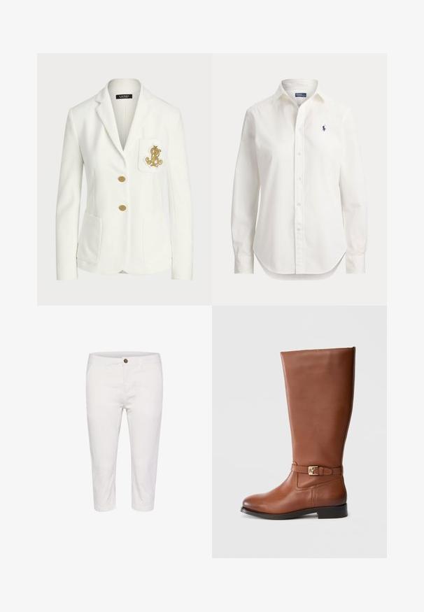 Blazer blanco entallado con botones dorados y logo dorado bordado en el bolsillo del pecho, con solapa entallada y dos bolsillos delanteros.; Camisa blanca de manga larga con botones, cuello y pequeño logo azul de jugador de polo en el pecho izquierdo.; Pantalones cortos blancos de algodón con cierre de botón, que cuentan con bolsillos frontales y una textura suave. Diseño simple y corte recto.; Bota alta hasta la rodilla de cuero marrón con diseño recto, suela plana y detalle de hebilla en tono dorado en el tobillo. Textura lisa, costuras mínimas.