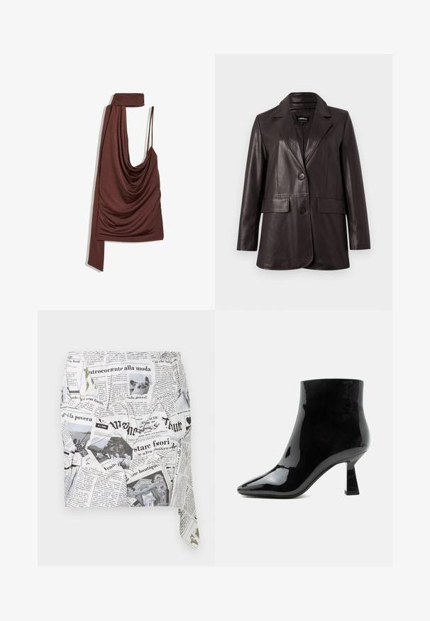 Blazer en simili cuir noir avec des revers à cran, deux boutons et des poches à rabat, présenté sur un fond blanc.; Haut marron asymétrique sans manches avec un devant drapé et une longue pièce de tissu attachée en forme d'écharpe sur une épaule.; Jupe avec imprimé journal comprenant divers titres, articles et images, dont un chien et une vitrine, en tons noir et blanc.; Bottine noire en cuir verni brillant avec bout pointu et talon mi-haut évasé sur fond blanc.