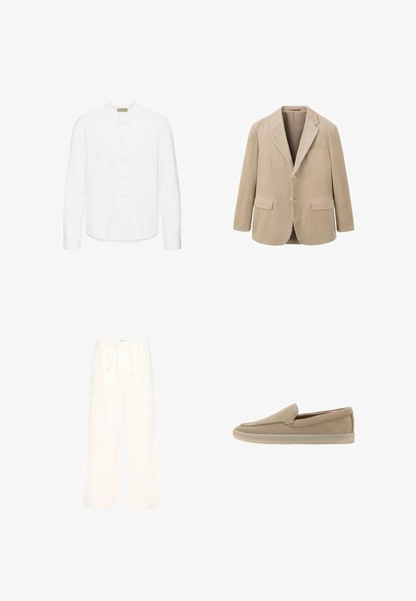 Blazer en velours côtelé beige avec col à revers crantés, deux poches avant et fermeture à un bouton. Présente une texture côtelée verticale.; Chemise blanche pour hommes à manches longues avec col officier, fabriquée en tissu léger, dotée d'un ourlet droit et de manches retroussées.; Pantalon blanc à jambes larges avec taille élastique et cordon de serrage, confectionné en tissu léger.; Mocassin beige en daim à enfiler, semelle en caoutchouc clair, petit talon et coutures discrètes le long du bord supérieur.