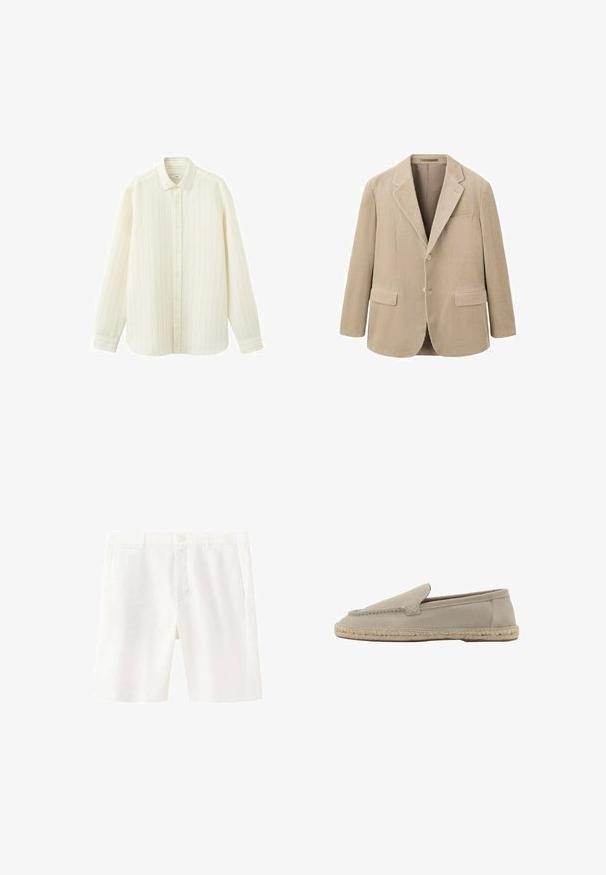 Blazer en velours côtelé beige avec col à revers crantés, deux poches avant et fermeture à un bouton. Présente une texture côtelée verticale.; Chemise crème à manches longues avec fines rayures verticales, boutonnée à l'avant et col classique, présentée sur un fond blanc.; Short blanc longueur genou avec passants pour ceinture, fermeture bouton et zip, et poches latérales, présenté sur fond blanc.; Mocassin beige en daim à enfiler avec semelle en jute tressée, détails cousus le long des bordures supérieures, talon plat et bout rond.