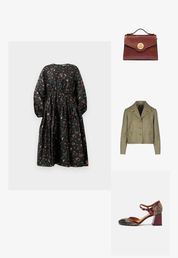 Geruite cropped jas in groen, crème en rood met notch-kraag, dubbele knoopsluiting en twee zijzakken.; Zwarte bloemenjurk met lange mouwen, ingezette taille en gelaagde rok. Heeft een kleurrijk bloemenpatroon en een gladde stoftextuur.; Hakken schoenen met een zwarte lakleren neus, bordeauxrode band en een slangenpatroon textiel bovenkant; voorzien van een chunky blokhak.; Bruine leren handtas met handvat aan de bovenkant en ronde gouden draaisluiting op de voorflap, afgebeeld tegen een witte achtergrond.