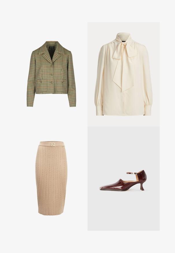 Rutet cropped jakke i grøn, creme og rød med næbbekrave, dobbeltknaplukning og to frontlommer.; Langærmet cremefarvet bluse med høj krave og en stor bundet sløjfe ved halsen, med rynkede skuldre og manchetærmer.; INFLUENCER Pencil skirt - beige; Bordeaux laklæder sko med spids tå, ankelrem og en 5 cm skrå hæl. Glat tekstur og minimalistisk design.