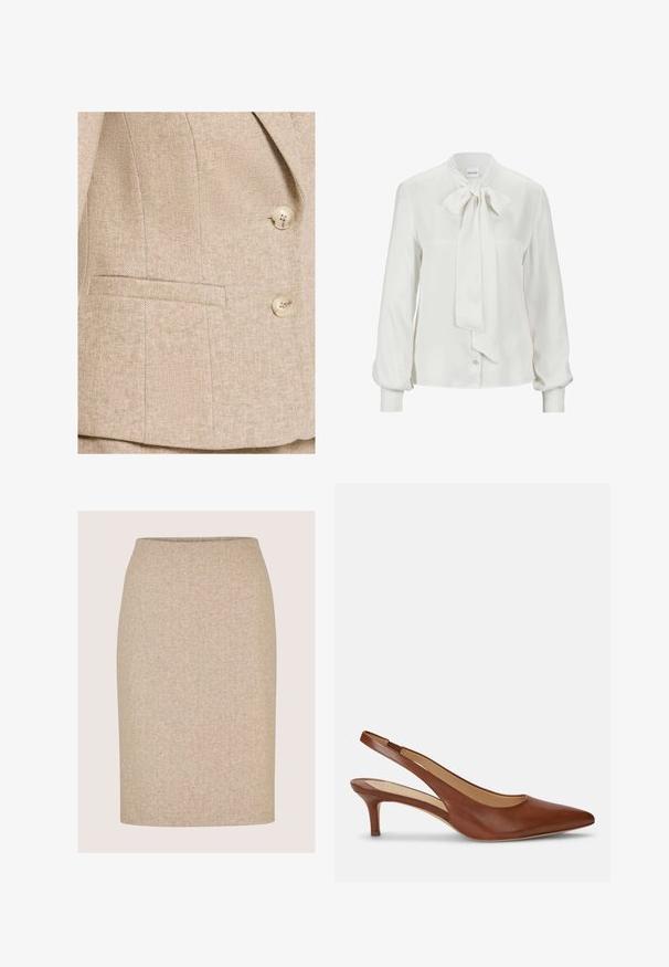 Beige Tweed-Blazer mit feinem Fischgrätmuster, zwei cremefarbenen Knöpfen und einer horizontalen Leistentasche vorne.; Weiße Bluse aus glattem Stoff, mit einer Schleife am Kragen, langen Puffärmeln und einer Knopfverschluss vorne.; Beiger knielanger Bleistiftrock mit dezentem Fischgrätmuster und ohne sichtbare Nähte oder Verzierungen.; Brauner Leder-Damenslingback mit spitzer Schuhspitze und niedrigem Kittenabsatz auf weißem Hintergrund.
