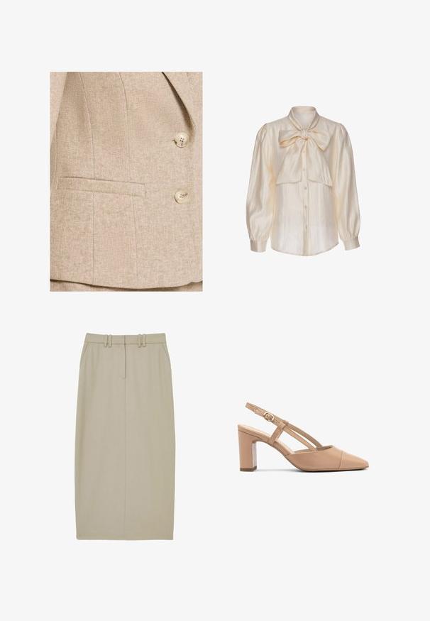 Beige Tweed-Blazer mit feinem Fischgrätmuster, zwei cremefarbenen Knöpfen und einer horizontalen Leistentasche vorne.; Cremefarbene Satinbluse mit langen Puffärmeln, Knopfleiste vorne und großer, gebundener Schleife am Kragen.; Beige Bleistiftrock aus glattem Stoff, mit zwei vorderen Taschen, einer mittigen Naht und einem Taillenbund mit zwei horizontalen Gürtelschlaufen.; Beige Leder Slingback-Absätze mit einer spitzen Zehenform, Blockabsatz und einem Riemen mit einer kleinen goldenen Schnalle. Glatte Textur, minimalistisches Design.