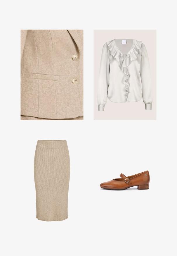Beige tweedblazer met een subtiel visgraatmotief, twee crèmekleurige knopen en een horizontale paspelzak aan de voorkant.; Witte satijnen blouse met lange mouwen, gerimpelde V-hals en een strikdetail aan de voorkant, met een centrale verticale ruche aan de voorkant.; Gebreide rok in een lichtbeige kleur met een verticale ribstructuur, knie lengte met een elastische tailleband en een rechte snit.; Bruine leren Mary Jane-schoen met lage blokhak en verstelbare gesp op witte achtergrond.