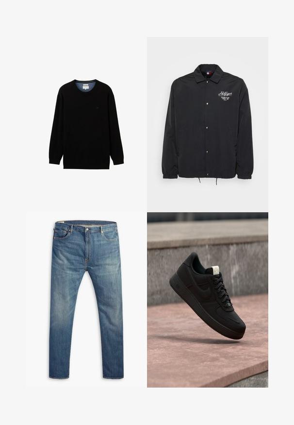 Schwarze Windbreaker-Jacke mit spitzem Kragen, Druckknopfverschluss, elastischen Bündchen und Seitentaschen. Mit weißem Logo-Text auf der Vorderseite.; Schwarzer Pullover mit langen Ärmeln aus geripptem Material und rundem Ausschnitt. Verfügt über ein dezentes Logo auf der Brust und einen kontrastierenden inneren Kragen.; Hellblaue Denim-Jeans mit geradem Bein, fünf Taschen, kontrastierenden Nähten und einem Reißverschluss vorne.; Schwarzer Nike Air Force 1 Sneaker, der über einer rosa Betonkante mit grauem Stein-Hintergrund schwebt und Seiten- sowie Oberseiten-Details zeigt.