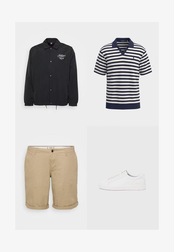 Veste coupe-vent noire avec un col pointu, fermeture à boutons-pression, poignets élastiques et poches latérales. Présente un texte logo blanc sur le devant.; Polo à manches courtes à rayures horizontales bleu marine et blanches avec col bleu marine, logo sur la poitrine et ourlet uni bleu marine.; Shorts beige clair à coupe droite, en coton. Présentent un bouton frontal unique, des poches latérales et des ourlets retroussés.; Baskets basses blanches à lacets, empeigne en cuir lisse, avec un logo de marque subtil sur le côté et le talon, vues de profil.