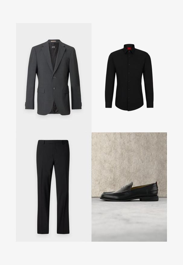 Dunkelgrauer Blazer mit zwei Knöpfen, Reverskragen, aufgesetzten Taschen und einem Innenfutter mit einem dezenten Muster. Markenlabel innen sichtbar.; Schwarzes Langarmhemd mit Knopfleiste, klassischem Kragen und abgerundetem Saum; verfügt über schwarze Knöpfe und ein rotes Logo im Kragen.; Schwarze, maßgeschneiderte Hose mit geradem Bein, ausgestattet mit einer glatten Textur, gefaltetem Vorderteil und einem klassischen Bund für ein formelles Erscheinungsbild.; Schwarzer Herren-Slipper aus Leder mit einer krokogeprägten Vorderkappe und einem niedrigen Absatz, im Profil vor neutralem Hintergrund gezeigt.