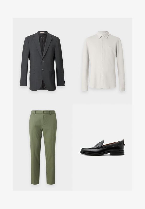Mørkegrå blazer med to knapper, slagkraver, klaffelommer og indvendig foring med et subtilt mønster. Brandmærket er synligt indeni.; Lysegrå skjorte med knapper foran, tekstureret stof, krave og lange ærmer; har et diskret "BOSS"-logo på brystet.; Grønne bukser lavet af struktureret stof, med slim fit, lige ben og knaplukning foran. Velegnede til afslappet eller formelt brug.; Sort læder herre loafer med moc-tå syning, penny strop, struktureret krave og lav stablet hæl på hvid baggrund.