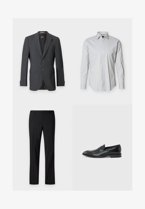 Blazer gris oscuro con dos botones, solapas en pico, bolsillos con solapa y forro interno con un patrón sutil. Etiqueta de la marca visible en el interior.; Camisa de vestir de hombre de manga larga en gris claro con cierre de botones en la parte frontal, cuello puntiagudo y puños con un botón sobre fondo blanco liso.; Pantalones negros ajustados con un diseño de pierna recta, que presentan una textura suave, pliegues frontales y una cinturilla clásica para un aspecto formal.; Mocasín de cuero negro para hombre con tacón bajo, punta redondeada y pequeño logo metálico en la correa, mostrado de perfil sobre un fondo liso.