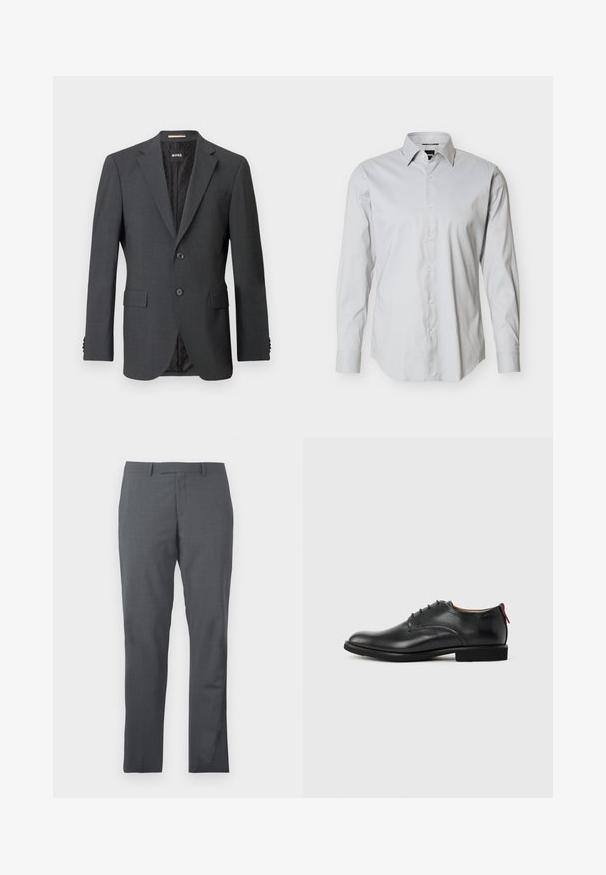 Blazer gris oscuro con dos botones, solapas en pico, bolsillos con solapa y forro interno con un patrón sutil. Etiqueta de la marca visible en el interior.; Camisa de vestir de hombre de manga larga en gris claro con cierre de botones en la parte frontal, cuello puntiagudo y puños con un botón sobre fondo blanco liso.; Pantalones de vestir grises con una tela suave y texturizada. Diseño slim fit, con delantero liso y sin adornos ni bolsillos visibles.; Zapato de vestir para hombre de cuero negro con cordones en la parte delantera y tira roja en el talón sobre un fondo liso.