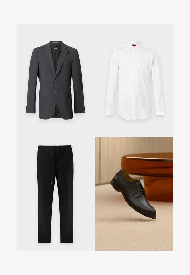 Mørkegrå blazer med to knapper, slagkraver, klaffelommer og indvendig foring med et subtilt mønster. Brandmærket er synligt indeni.; Hvid skjorte med lange ærmer, spids krave og skjult knaplukning, vist på en ensartet lys baggrund.; Sorte tapered bukser med elastisk talje og snor. Glat stof, minimalistisk design, ingen synlige lommer eller mønstre.; Sort læder snøresko, der svæver over beige tæppe med et rundt orange bord i baggrunden.