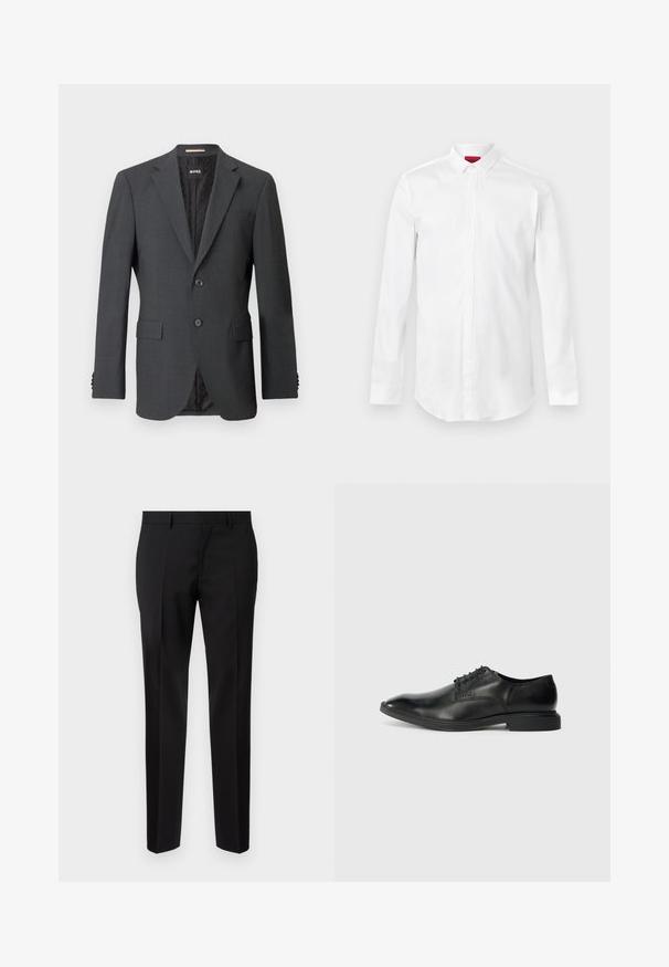 Blazer gris oscuro con dos botones, solapas en pico, bolsillos con solapa y forro interno con un patrón sutil. Etiqueta de la marca visible en el interior.; Camisa blanca de manga larga con cuello puntiagudo y tapeta de botones oculta, mostrada sobre un fondo liso y claro.; Pantalones negros de corte ajustado, hechos de una tela suave, con pernera recta, detalles de pinzas refinadas y una cinturilla clásica con ojales para cinturón.; Zapato de vestir negro de cuero con una textura suave, punta afilada, diseño de cordones con seis ojales y un tacón rectangular bajo. Detalle de marca sutil en el lateral.