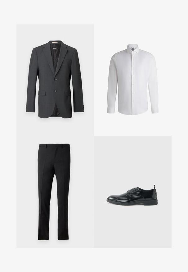 Blazer gris oscuro con dos botones, solapas en pico, bolsillos con solapa y forro interno con un patrón sutil. Etiqueta de la marca visible en el interior.; Camisa blanca de manga larga hecha de algodón suave, con un cuello clásico, botonera completa y puños abotonados. Diseño minimalista.; Pantalones negros con un corte ajustado, que presentan un frente plano, dos pliegues, pasadores para cinturón y una textura suave. Sin patrones ni accesorios visibles.; Zapato de vestir negro de cuero brillante con tacón bajo, cierre de cordones y puntera redonda, mostrado de lado sobre un fondo claro y liso.