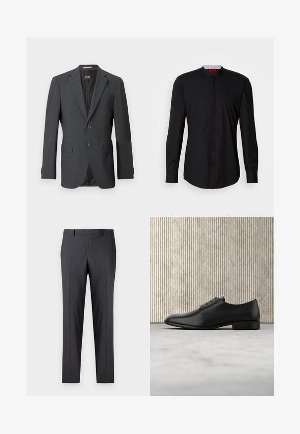 Dunkelgrauer Blazer mit zwei Knöpfen, Reverskragen, aufgesetzten Taschen und einem Innenfutter mit einem dezenten Muster. Markenlabel innen sichtbar.; Schwarzes Langarmhemd mit Stehkragen, aus glattem Stoff gefertigt, mit durchgehender Knopfleiste und subtilen Designdetails.; Maßgefertigte dunkelgraue Hosen aus einem glatten, strukturierten Stoff; mit flacher Vorderseite und geraden Beinen; minimalistisches Design ohne sichtbare Akzente.; Schwarze Leder-Halbschuh mit schlankem Design, runder Zehenform, fünf Ösen für die Schnürsenkel und einem kleinen, erhöhten Absatz. Dezentes, geprägtes Logodetail.