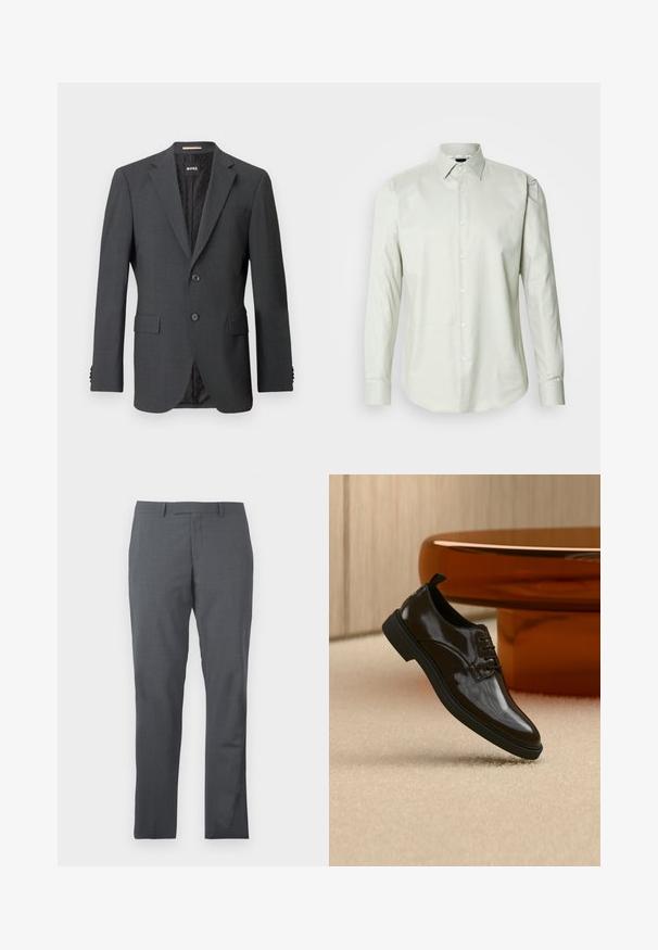Dunkelgrauer Blazer mit zwei Knöpfen, Reverskragen, aufgesetzten Taschen und einem Innenfutter mit einem dezenten Muster. Markenlabel innen sichtbar.; Helles grünes Langarm-Hemd mit Knopfleiste, strukturiertem Kragen, schlichter Textur und Vorderknopfleiste mit weißen Knöpfen.; Graue Anzughose aus glattem, strukturiertem Stoff. Slim-Fit-Design, flacher Vorderteil und keine sichtbaren Verzierungen oder Taschen.; Schwarzer glänzender Lederschnürschuh, der über einem beigen Teppich mit einem glänzenden braunen runden Tisch im Hintergrund schwebt.