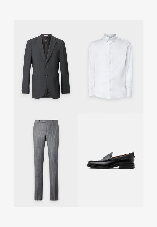 Mørkegrå blazer med to knapper, slagkraver, klaffelommer og indvendig foring med et subtilt mønster. Brandmærket er synligt indeni.; Hvid langærmet skjorte lavet af glat stof, med en klassisk krave, knaplukning og manchetter med knapper, vist på en ensfarvet baggrund.; Grå stribede bukser lavet af tekstureret stof, med et klassisk design, lige pasform og to forlommer.; Sort læder herre loafer med moc-tå syning, penny strop, struktureret krave og lav stablet hæl på hvid baggrund.