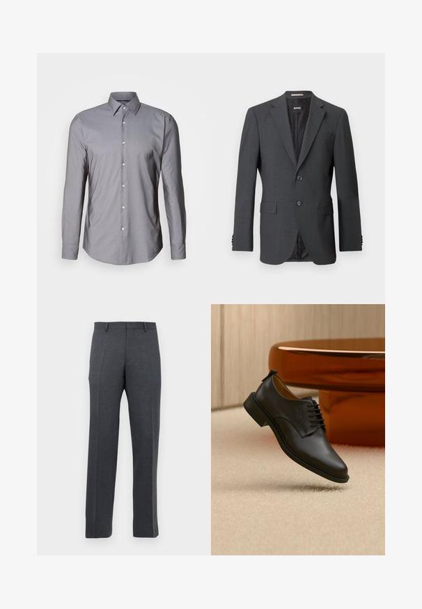 Dunkelgrauer Blazer mit zwei Knöpfen, Reverskragen, aufgesetzten Taschen und einem Innenfutter mit einem dezenten Muster. Markenlabel innen sichtbar.; Graues Langarm-Hemd mit Knopfleiste, strukturiertem Kragen, vorderer Knopfleiste und glatter Textur. Hat eine leicht taillierte Passform.; Herrenanzughose in Dunkelgrau, mit Gürtelschlaufen und vorderen Bügelfalten, vor einem weißen Hintergrund präsentiert.; Schwarzer Herrenschuh aus Leder mit Schnürung, schwebt über einem beigen Teppich, im Hintergrund ein brauner runder Kaffeetisch.