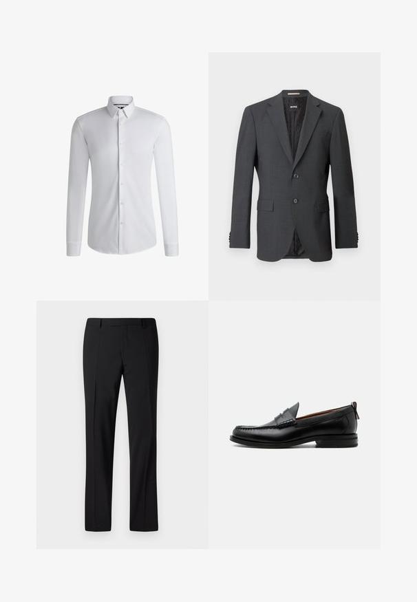 Blazer gris oscuro con dos botones, solapas en pico, bolsillos con solapa y forro interno con un patrón sutil. Etiqueta de la marca visible en el interior.; Camisa blanca de manga larga hecha de tejido suave, con un cuello abotonado y una fila de botones en la parte delantera. Diseño simple.; Pantalones negros ajustados con un diseño de pierna recta, que presentan una textura suave, pliegues frontales y una cinturilla clásica para un aspecto formal.; Mocasín de hombre de piel negra con costura moc toe, tira penny, cuello texturizado y tacón bajo apilado sobre fondo blanco.