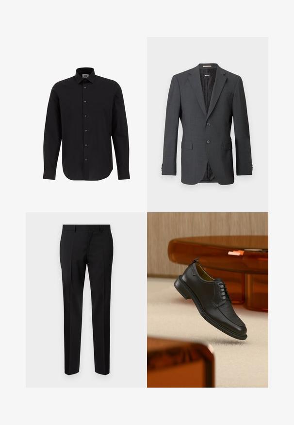 Blazer gris foncé avec deux boutons, revers crantés, poches à rabat et doublure intérieure avec un motif subtil. Étiquette de marque visible à l'intérieur.; Chemise noire à manches longues, à boutons, en tissu tissé, avec un col classique, un ourlet droit et des boutons noirs sur le devant.; Pantalons noirs ajustés en tissu lisse, présentant une jambe droite, des détails de pli raffinés et une taille classique avec passants de ceinture.; Chaussure habillée noire en cuir à lacets avec devant texturé, flottant au-dessus d'un tapis beige dans une pièce moderne avec des meubles teintés d'ambre.