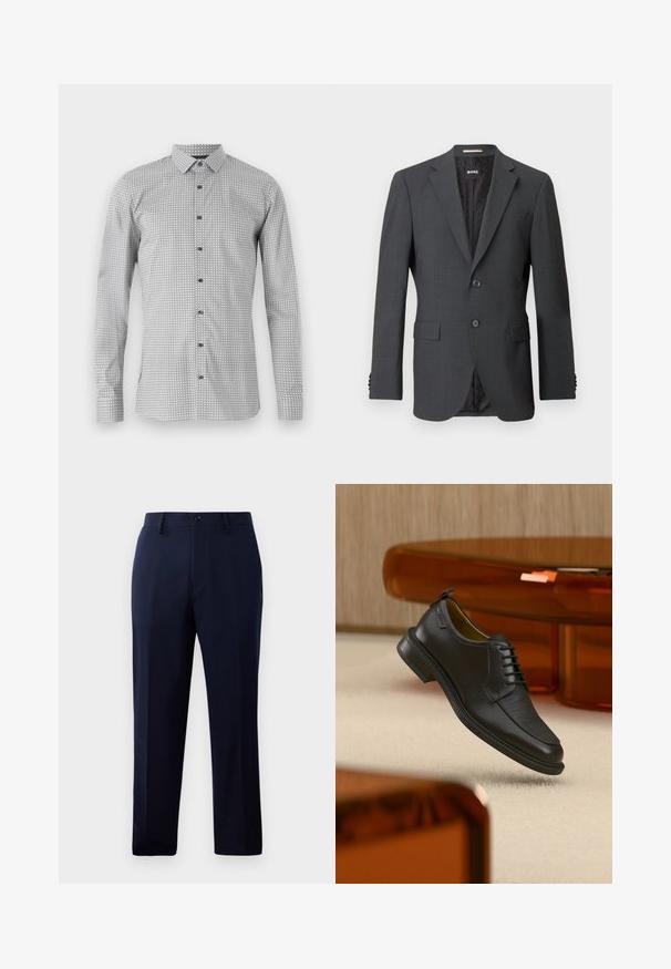 Mørkegrå blazer med to knapper, slagkraver, klaffelommer og indvendig foring med et subtilt mønster. Brandmærket er synligt indeni.; Langærmet skjorte i hvid og sort med geometrisk mønster, knaplukning foran og klassisk krave. Letvægtsstof med glat struktur.; Marinebukser lavet af glat stof, der har et klassisk lige ben-design, forlommer og en knaplukning i livet.; Sort lædersko med snørebånd og tekstureret front, svævende over beige tæppe i et moderne rum med møbler i ravfarvet toning.