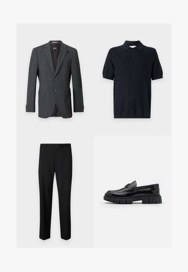 Mørkegrå blazer med to knapper, slagkraver, klaffelommer og indvendig foring med et subtilt mønster. Brandmærket er synligt indeni.; Sort polo t-shirt med et struktureret zigzagmønster, korte ærmer og en krave med to knapper. Lavet af et åndbart stof.; Sorte skræddersyede bukser med flad front, standard talje og lige ben. Lavet af glat stof, med en enkelt knaplukning.; Sorte læderloafers med tykke, rillet gummisåler. Har en rund tå og en dekorativ rem med et logoaccent. Glat overflade.