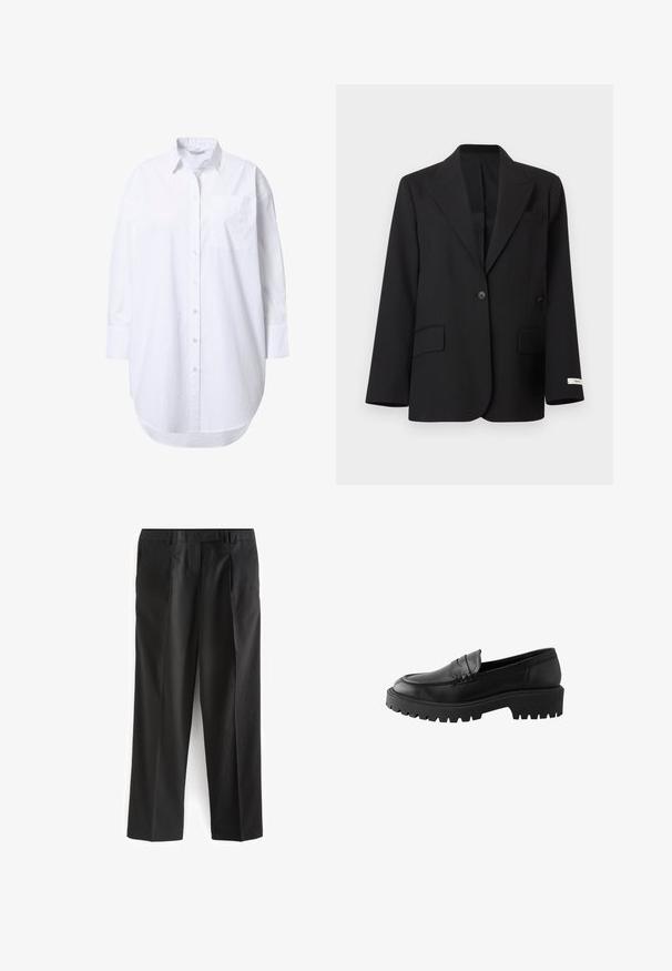 Sort blazer med enkelt knaplukning, hakkede revers, to forflaplommer, en brystlomme med åbning og en lille hvid label på venstre ærme manchet.; Overdimensioneret hvid skjorte med lange ærmer, spidst krave, forlommer og let buet nederkant.; Sorte lige bukser lavet af glat stof, med to forlommer og en flad talje. Minimalistisk design, ingen synlige mønstre.; Sort læder loafer med rund tå, hævet sømdetalje og kraftig gummisål med dybe riller for bedre greb.