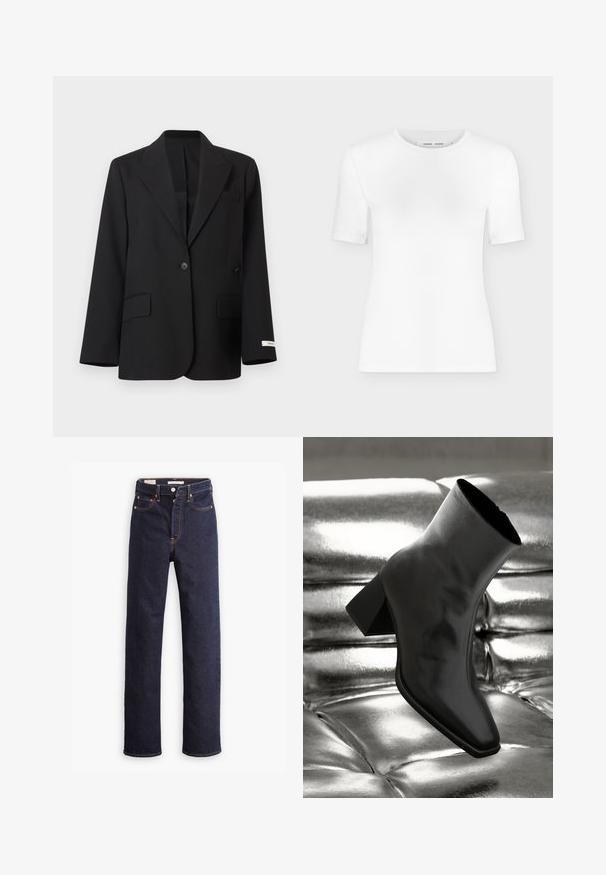 Blazer noir à un bouton avec revers crantés, deux poches à rabat à l'avant, une poche poitrine passepoilée, et une petite étiquette blanche sur le revers de la manche gauche.; T-shirt blanc à manches courtes avec col rond, coupe slim et texture de tissu côtelé, présenté sur un fond uni gris clair.; Jean en denim droit bleu foncé avec cinq poches et coutures orange visibles sur un fond blanc.; Botte noire à la cheville en matériau brillant avec un bout carré et un talon effilé, sur un fond argenté brillant et capitonné.