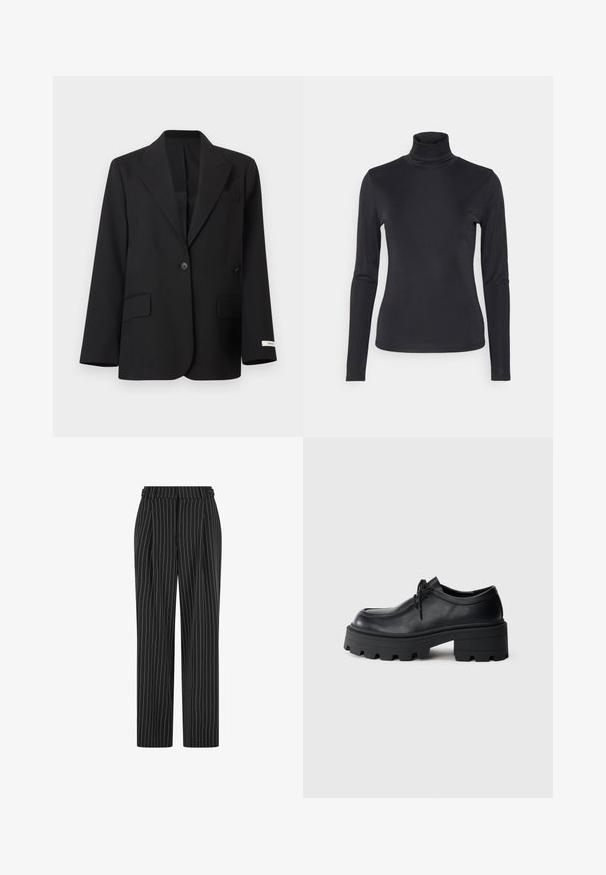 Sort blazer med enkelt knaplukning, hakkede revers, to forflaplommer, en brystlomme med åbning og en lille hvid label på venstre ærme manchet.; Sort turtleneck langærmet top lavet af et glat, strækbart stof. Har et tætsiddende design og en høj krave. Minimalistisk stil, ingen synlige mønstre.; Sorte pinstripe bukser med høj talje, plisseret front og lige ben design. Stoffet ser struktureret ud og er skræddersyet til et formelt look.; Sort læder snørebåndssko med en tyk, tekstureret sort gummisål og en rund tå. Har subtile syninger.