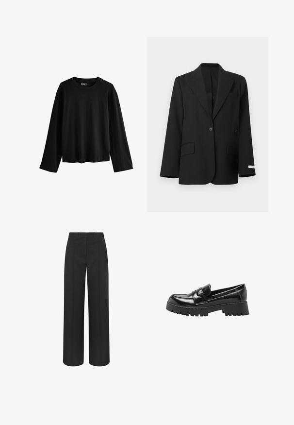Blazer negro de un solo botón con solapas con muesca, dos bolsillos frontales con solapa, un bolsillo de ojal en el pecho y una pequeña etiqueta blanca en el puño de la manga izquierda.; Camiseta negra de algodón con mangas largas y cuello redondo, corte relajado y etiqueta de la marca visible en el interior en la parte trasera del cuello.; Pantalones negros de talle alto y pierna ancha con trabillas para cinturón y costuras delanteras planchadas, diseñados para un look formal o profesional.; Mocasín negro de piel con suela dentada gruesa y tacón bajo de bloque, con puntera mocasín y detalle de correa en la parte superior.