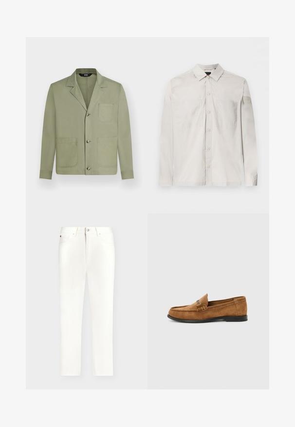 Veste décontractée homme vert olive clair avec trois boutons sur le devant et trois grandes poches plaquées, dont une poche poitrine.; Chemise beige clair à manches longues avec boutons, deux poches poitrine et une petite étiquette logo sur la manche gauche.; Jean droit blanc avec cinq poches, fermeture par bouton et fermeture éclair, présenté sur un fond gris clair.; Mocassin pour homme en daim marron avec détail tressé sur le dessus et semelle noire, présenté de profil sur un fond uni gris clair.