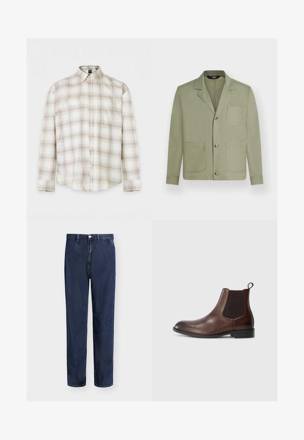 Veste décontractée homme vert olive clair avec trois boutons sur le devant et trois grandes poches plaquées, dont une poche poitrine.; Chemise à manches longues avec boutons, motif à carreaux beige et marron clair et col pointu, posée à plat.; Jean droit en denim bleu foncé avec passants de ceinture, bouton devant et fermeture éclair, présenté sur un fond uni clair.; Bottines Chelsea en cuir marron avec des panneaux élastiques sur les côtés, bout arrondi, languette de tirage et un léger talon avec une semelle texturée.