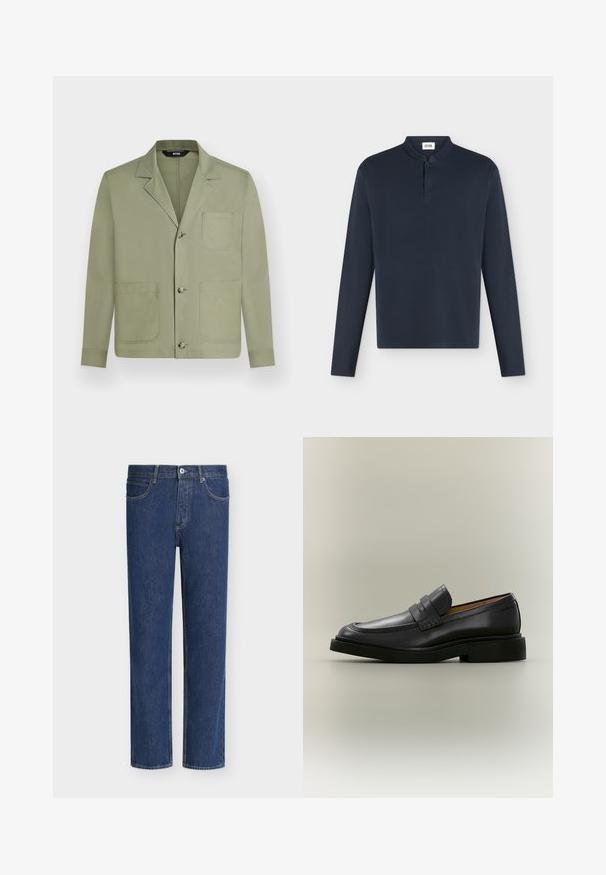 Veste décontractée homme vert olive clair avec trois boutons sur le devant et trois grandes poches plaquées, dont une poche poitrine.; Polo bleu marine à manches longues avec col montant et patte de boutonnage simple, présenté sur fond blanc.; Jean en denim bleu à jambes droites avec fermeture par bouton et zip, poches avant et passants de ceinture sur fond blanc.; Mocassin homme en cuir noir avec un petit talon et une bride sur le dessus, montré de profil sur un fond neutre.