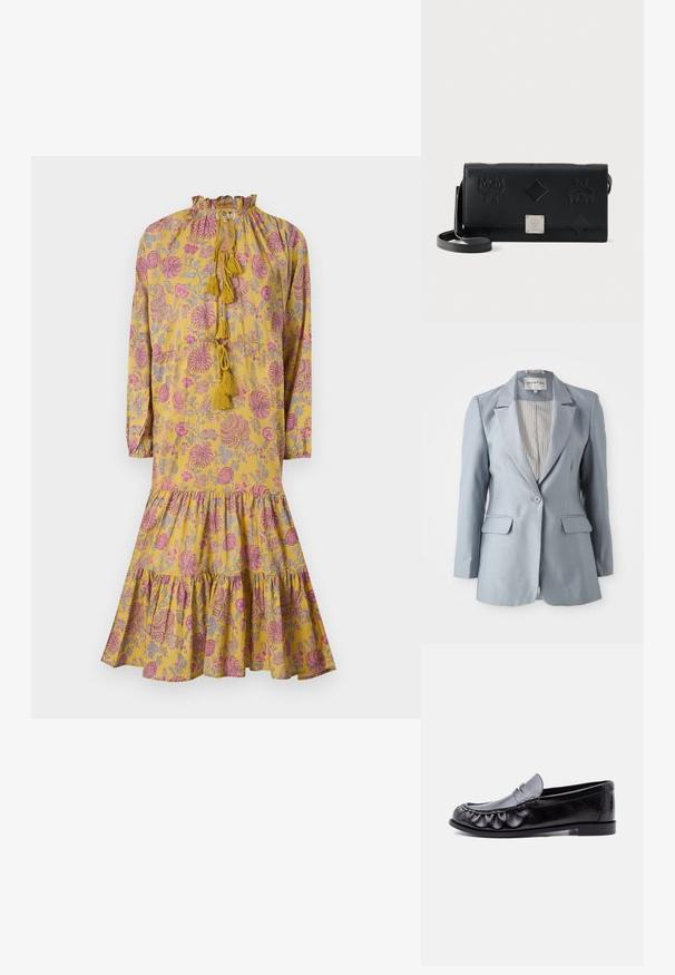 Lys blå dames blazer med enkelt knap, skødeflapper, klaplommer og stribet indvendig for, vist fladt på hvid baggrund.; Gul blomsterkjole med lange ærmer, flæsekant ved halsudskæringen og kvastdetaljer. Har pink og grå mønstre på stoffet. Flæsekant nederst.; Sort læder herre loafer med penny-rem og detaljeret syning langs den afrundede tå, flad sål og lav hæl.; Sort læderrektangulær crossbody-taske med præget logo og diamantmønstre, med en sølvmetal logo-plade på frontklappen.