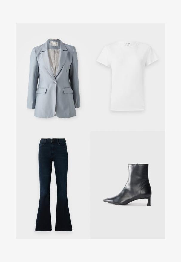 Lys blå dames blazer med enkelt knap, skødeflapper, klaplommer og stribet indvendig for, vist fladt på hvid baggrund.; Hvid bomulds t-shirt med rund hals og korte ærmer, præsenteret i et afslappet fit og minimalistisk design. Etiketten er synlig ved halsen.; Mørkeblå flare jeans lavet af denim, med høj talje, standard lommer og subtil falmende på stoffet.; Sort læder ankelstøvle med spids tå og et strømlinet design. Har en lav hæl og en lynlås lukning bagpå. Glat tekstur.
