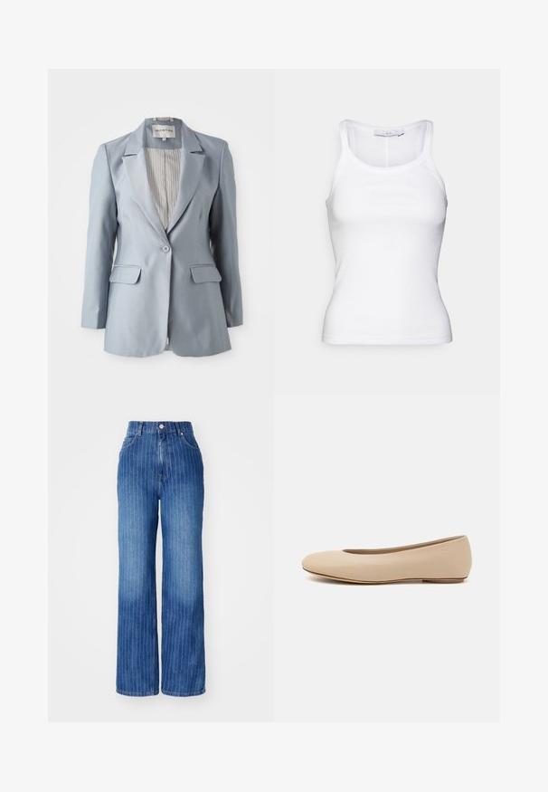 Lys blå dames blazer med enkelt knap, skødeflapper, klaplommer og stribet indvendig for, vist fladt på hvid baggrund.; Hvid bomulds tanktop med en tætsiddende design, ribbet tekstur og smalle stropper. Sømløse kanter ved udskæringen og i kanten.; Blå denim brede bukser med lodrette hvide striber, høj talje og fem-lomme design, med knap- og lynlåslukning.; Beige læder balletflade med afrundet tå, minimal sømdetaljering, lav hæl og subtilt logo på bagsiden. Glat, mat tekstur.