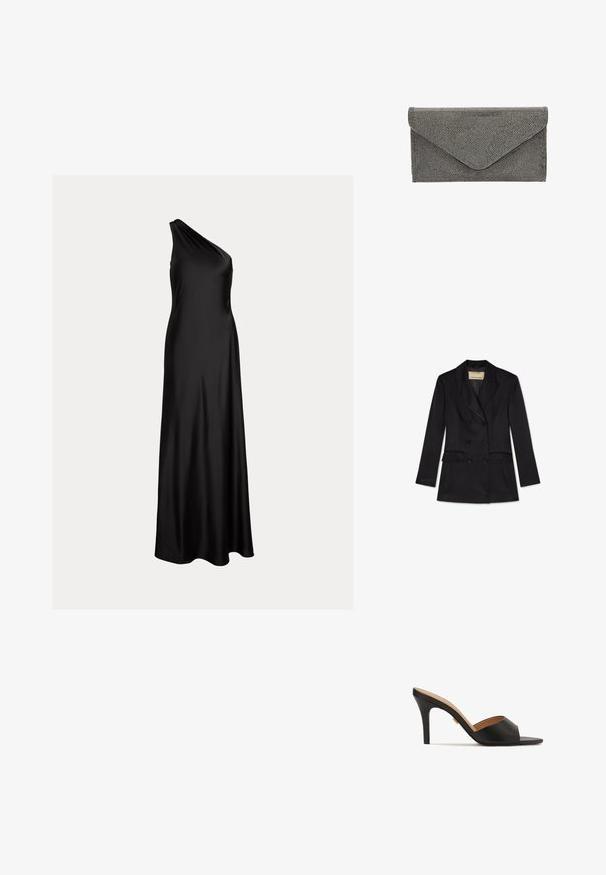 Blazer negro cruzado con solapa, seis botones, dos bolsillos delanteros con solapa y mangas largas de Trussardi.; Vestido de noche largo hasta el suelo de raso negro con un solo hombro, corpiño ajustado y falda fluida.; Zapatillas de tacón alto abiertas en la parte delantera, de color negro, con un upper de cuero suave, punta almendrada y un elegante tacón de aguja. Detalle decorativo en tono dorado visible.; Pañuelo negro con un patrón texturizado de tachuelas y cierre tipo sobre, que presenta una forma rectangular elegante y sin herrajes visibles.
