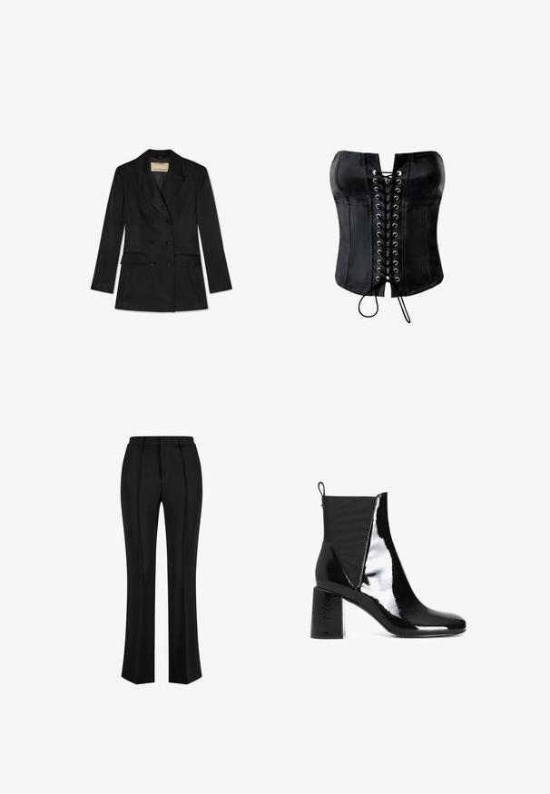 Blazer noir croisé avec col à revers, six boutons, deux poches avant à rabat et manches longues par Trussardi.; Corset en satin noir avec une forme structurée, devant lacé avec des œillets argentés et une finition lisse. Dispose d'un décolleté droit sans bretelles.; Pantalons noirs ajustés avec une coupe droite, dotés de plis avant et d'une taille plate. Fabriqués en tissu lisse.; CAFèNOIR Bottines - black
