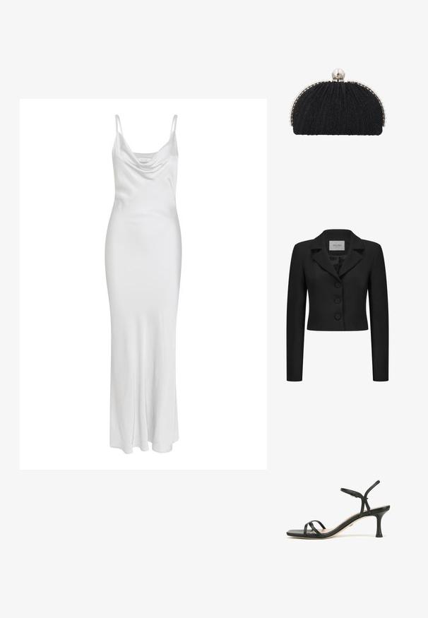 Zwarte cropped blazer met notched reverskraag en drie knopen aan de voorkant, lange mouwen en label binnenin de nek.; Witte spaghettibandjurk met een cowl halslijn, een getailleerd silhouet en een zachte, gladde textuur. Vloerlange jurk zonder zichtbare patronen of accessoires.; Zwarte sandalen met hakken en een slank ontwerp, met kruisbanden en een dunne enkelband. Het materiaal lijkt glad met een lichte glans.; Zwarte avondclutch met gestructureerde stof, omlijst door een rij kleine parels en een grote parelsluiting bovenop.