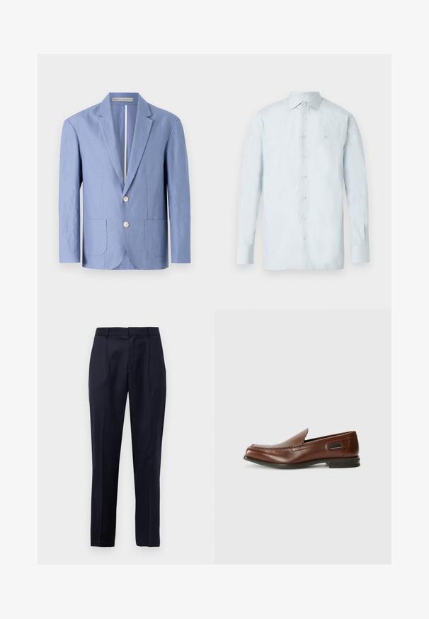 Vaaleansininen blazer, joka on valmistettu kevyestä kankaasta, yksirivinen malli, jossa on kaksi etutaskua ja pyöreät puunapit.; Vaaleansininen pitkähihainen nappipaita, joka on valmistettu sileästä kankaasta, sisältäen klassisen kauluksen ja yhden brodeeratun yksityiskohdan rinnassa.; Tummansininen räätälöity housut, joissa on etupleikit, vyölenkit ja kapeneva lahje valkoista taustaa vasten.; Stuart Weitzman BURT - Loaferit/pistokkaat - auburn