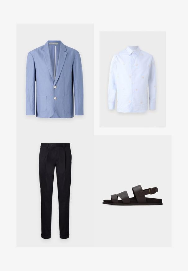 Lyseblå blazer lavet af letvægtsstof, med et enbrettet design, to forlommer og runde trækknapper.; Lyseblå langærmet skjorte med knapper, med spids krave og små spredte ferskenfarvede blomsterbroderier.; Skræddersyede sorte bukser lavet af glat stof, med flad front, to frontplisseringer og manchetter i bunden for et rent og struktureret udseende.; Mørkebrun lædersandal med tre brede remme, en justerbar spænde rundt om anklen og en flad sål på en hvid baggrund.