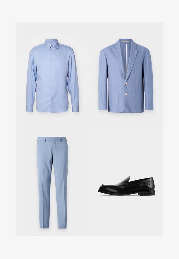 Lyseblå blazer lavet af letvægtsstof, med et enbrettet design, to forlommer og runde trækknapper.; Lyseblå skjorte med lange ærmer lavet af glat stof, med klassisk krave, knaplukning og tætsiddende pasform med knapmanchetter.; Lyseblå skræddersyede bukser med fladt foran, sidelommer, bæltestropper og lige ben på en ensfarvet baggrund.; Sort læder slip-on loafer med lav hæl, rundet tå og dekorative syninger langs øverste kant.