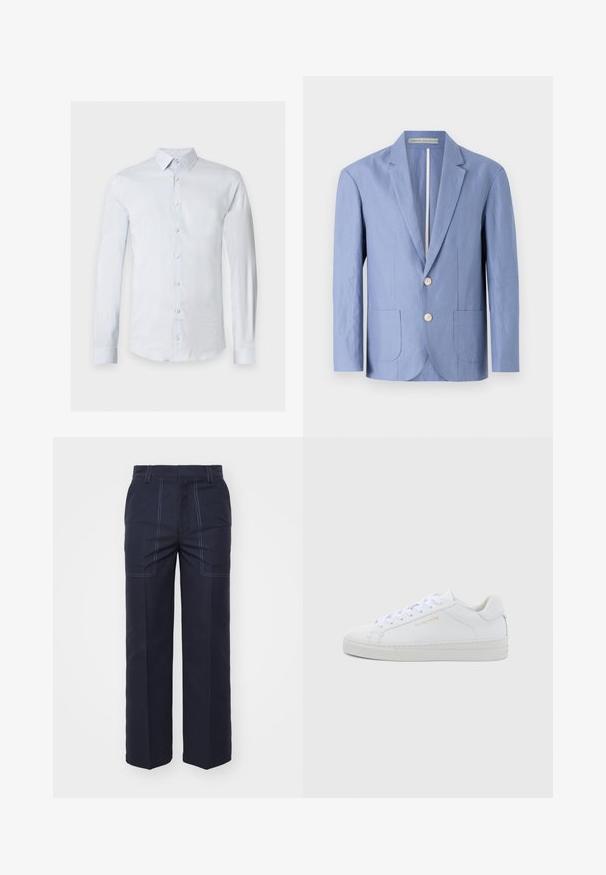 Lyseblå blazer lavet af letvægtsstof, med et enbrettet design, to forlommer og runde trækknapper.; Lyseblå skjorte med lange ærmer, knaplukning foran og spids krave, vist på en ensfarvet hvid baggrund.; Mørkeblå bukser med vidde og kontrastsyninger, med høj talje og to forlommer for ekstra detaljer og funktionalitet.; Hvide sneakers i lav model og læder med rund snude, flade snørebånd, tekstureret sål og diskret guldfarvet logo på siden. Glat overflade og minimalistisk design.