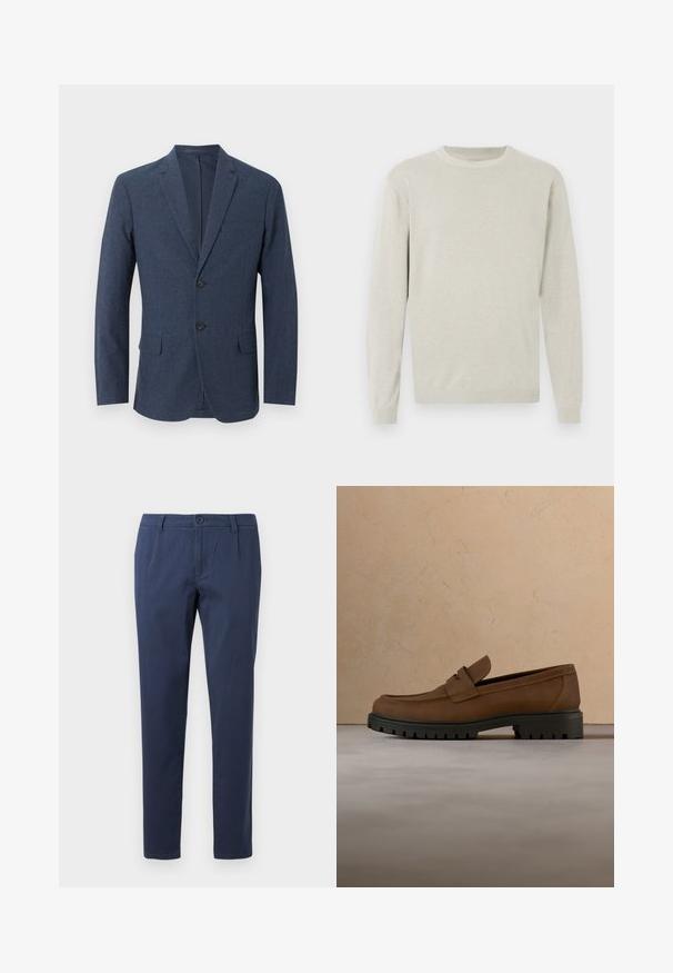 Marineblauw herensblazer met twee knopen, inkeping revers, borstzak en twee klepzakken aan de voorkant.; Lichtgrijze trui van een zachte gebreide stof, met een ronde halslijn, lange mouwen en geribbelde manchetten en zoom. Eenvoudig en onversierd ontwerp.; Marineblauwe broek van lichtgewicht stof, met een frontale knoopsluiting, twee zijzakken en een recht gesneden ontwerp.; Donkerbruine leren loafer met dikke zwarte rubberen zool, getoond boven een beige tapijt en bankachtergrond.