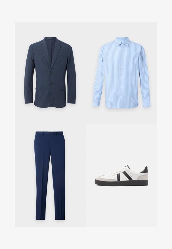 Blazer para hombre azul marino con dos botones, solapas con muesca, bolsillo en el pecho y dos bolsillos con solapa en la parte frontal.; Camisa de botones de manga larga a rayas en azul claro y blanco con un solo bolsillo en el pecho. Diseño simple y clásico sobre un fondo neutro.; Pantalones formales ajustados color marino, con un diseño de frente plano y textura suave. Incluyen un cierre de botón único y trabillas para el cinturón.; Zapatilla blanca con acentos en negro y gris, que presenta una puntera texturizada en gris, suela de goma negra y cordones planos blancos. Diseño limpio, estilo minimalista.