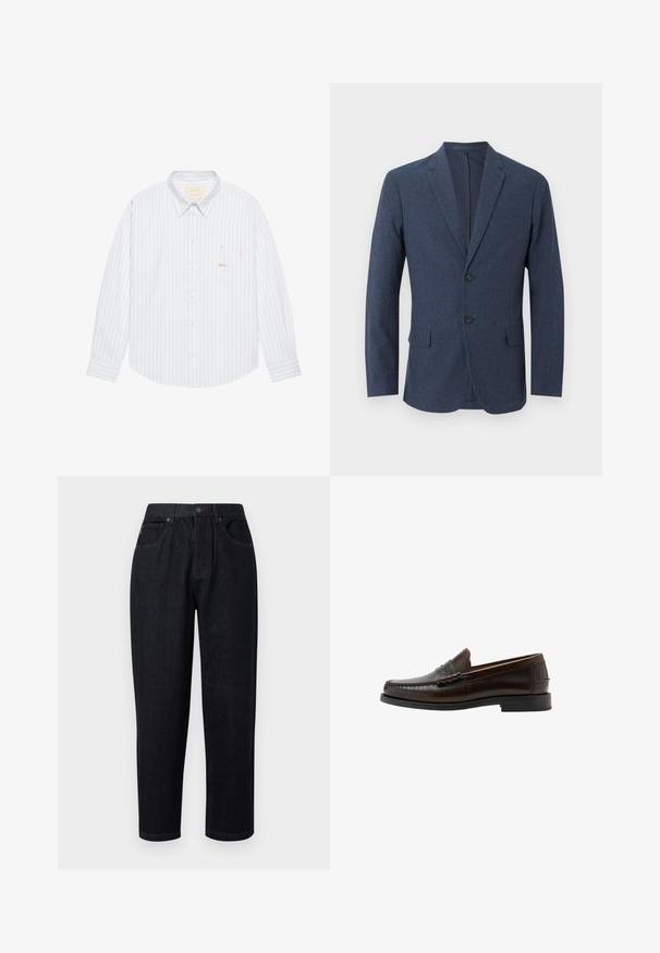 Blazer pour homme bleu marine à deux boutons, avec revers crantés, poche poitrine et deux poches à rabat à l'avant.; BLKVIS SCRIPT - Chemise - skyway; Pantalon en denim bleu foncé avec une coupe décontractée, mettant en avant une fermeture à bouton et à glissière, deux poches avant et des accents de couture.; Mocassin penny en cuir marron foncé avec bout moc cousu, talon bas et finition lisse, présenté de profil sur fond blanc.